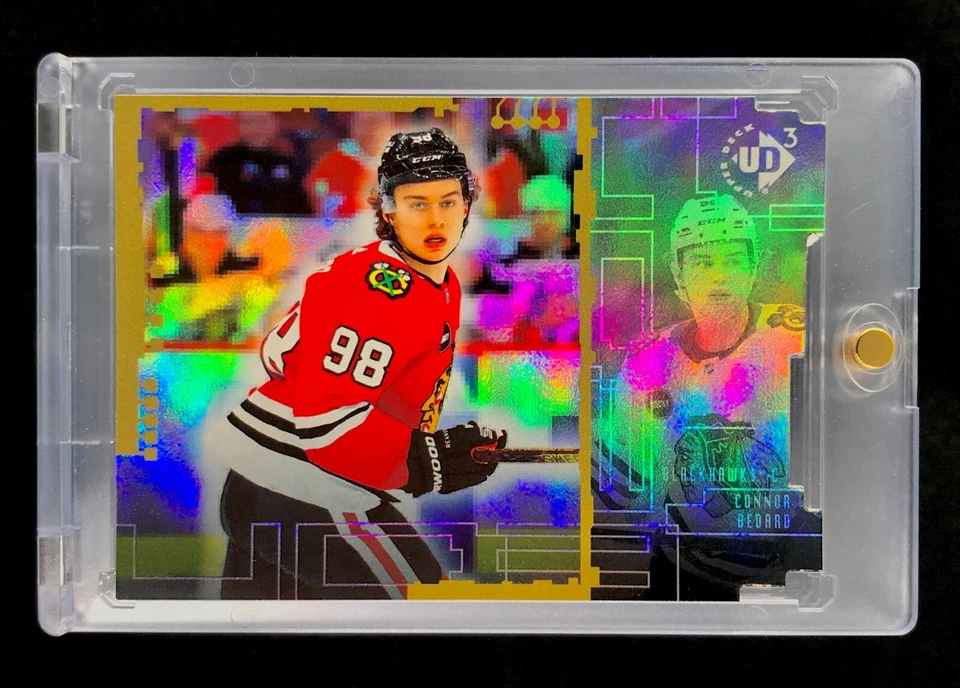 CONNOR BEDARD ROOKIE REFRACTOR DORADO RC TROQUELADO Cubierta Superior Tarjeta Rara - BLACKHAWKS Foto 2 de 4