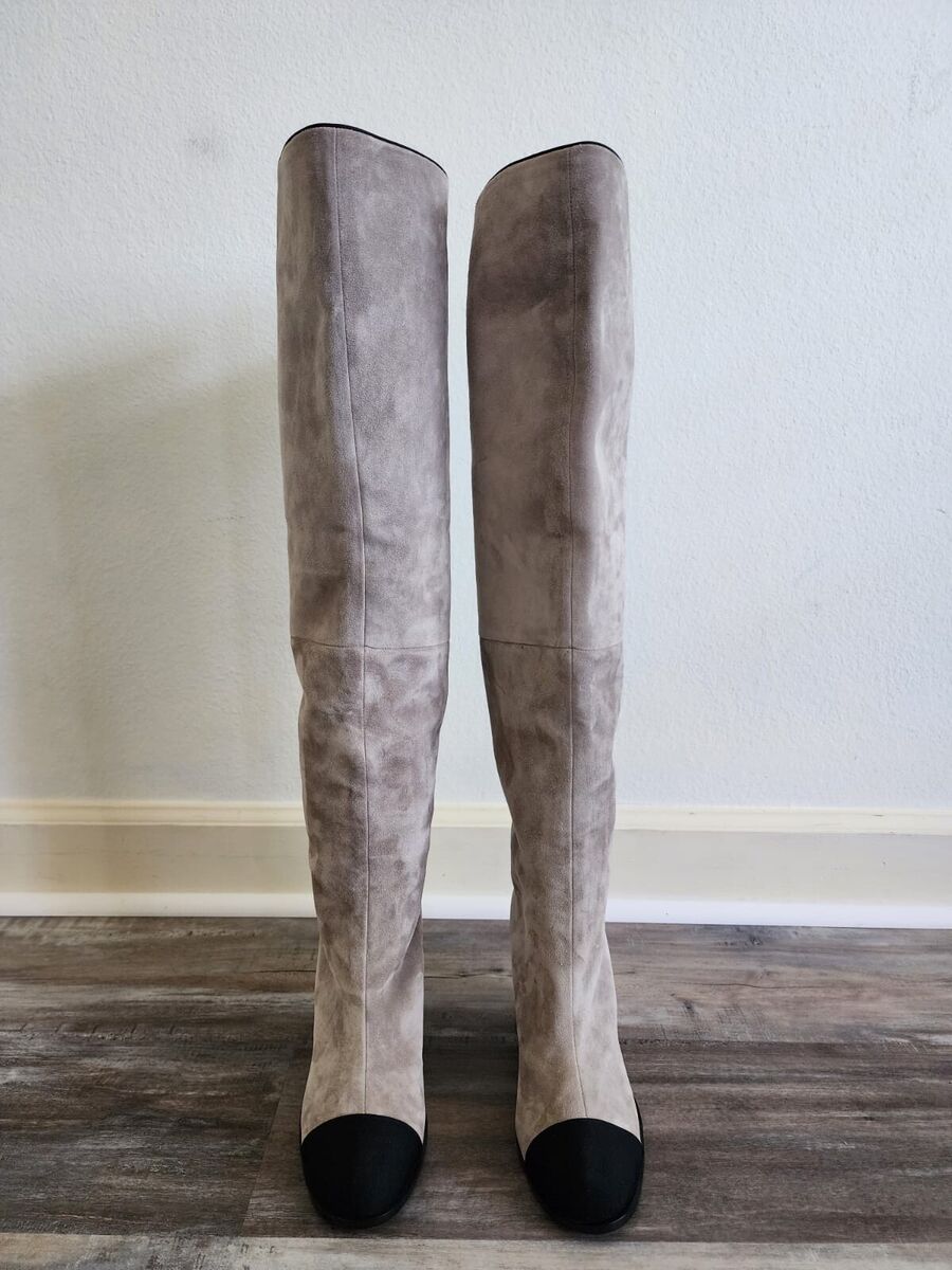 Chanel High Boots - Suede Calfskin & Grosgrain - Light Gray Chanel High Boots - Suede Calfskin & Grosgrain - Light Gray