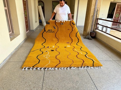 Rug Moroccan Abstract Wool Carpet, Custom Handmade Berber Yellow Beni Ourain Rug - Picture 7 of 10