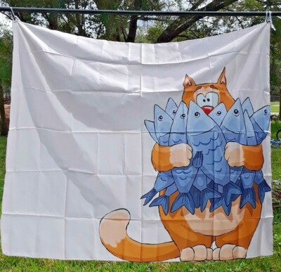 Cat with big catch of fish. 50'' x 58'' photo background cloth wall hanging 4 X 5'