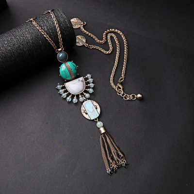 Collier Long Sautoir Doré Pompon Tassel Turquoise Art Deco Ethnique Retro XL1