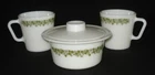 PYREX - Green on White SPRING BLOSSOM GREEN Butter Dish + Plastic Lid & Mugs