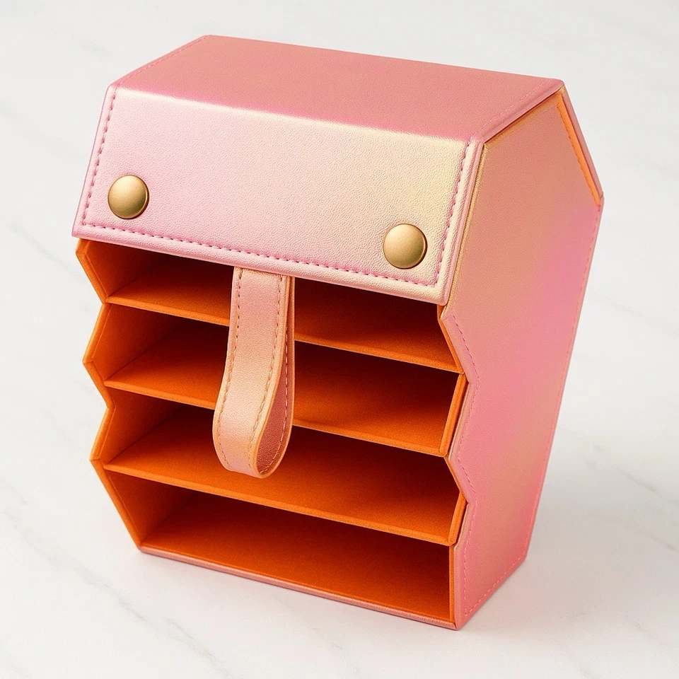 Iridescent Pink Gold Hexagon Leather Multi-Slot Folding Glasses Case W/ Mirror - Image 2 of 2