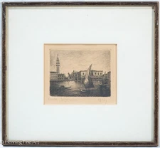 Antique Etching St Mark's Campanile, Venice Italy Coastal Illegibly Signed, Fine