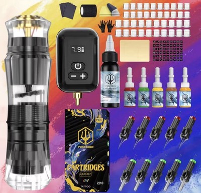 Wormhole Tattoo Pen Gun WIRELESS Machine Kit Power Supply Cartridge Needles INKS
