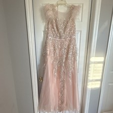 Pink Sequin Feather Tulle Formal A-Line Gown V-Neck Sleeveless Party Dress