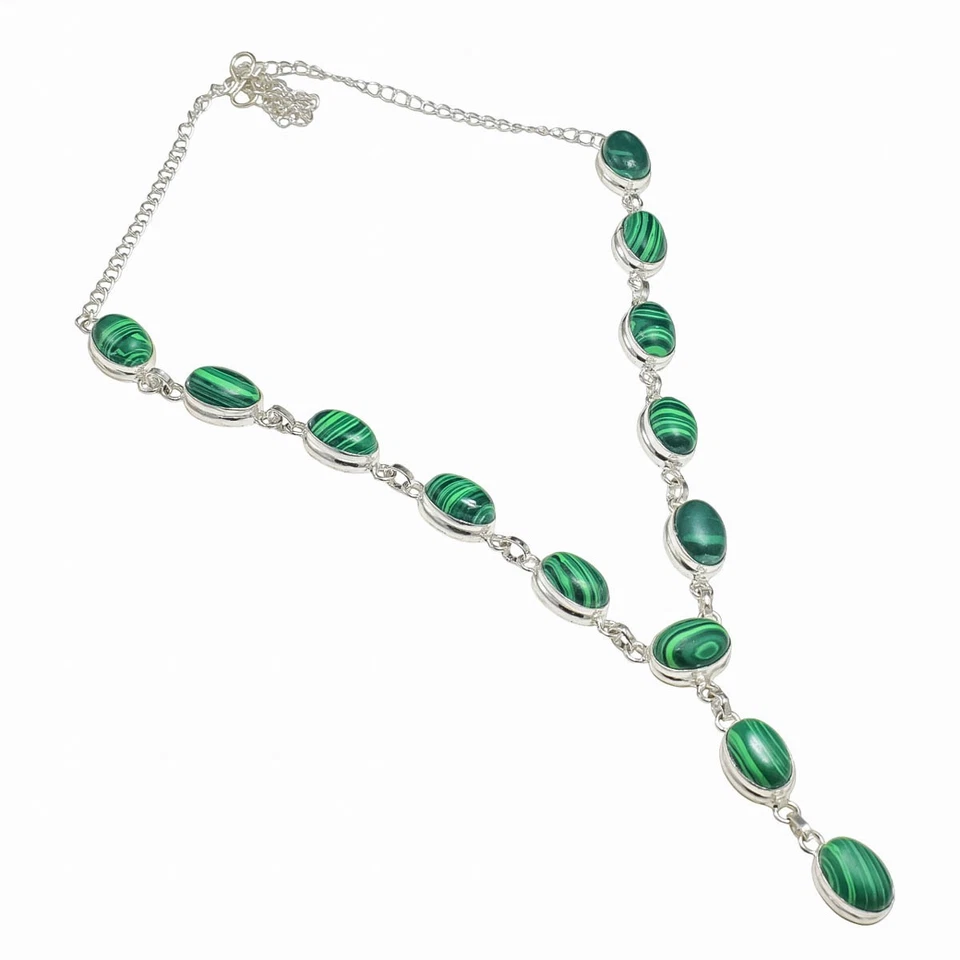 Collar de joyería de plata de ley 925 hecho a mano con piedras preciosas de malaquita natural-20" Foto 2 de 4
