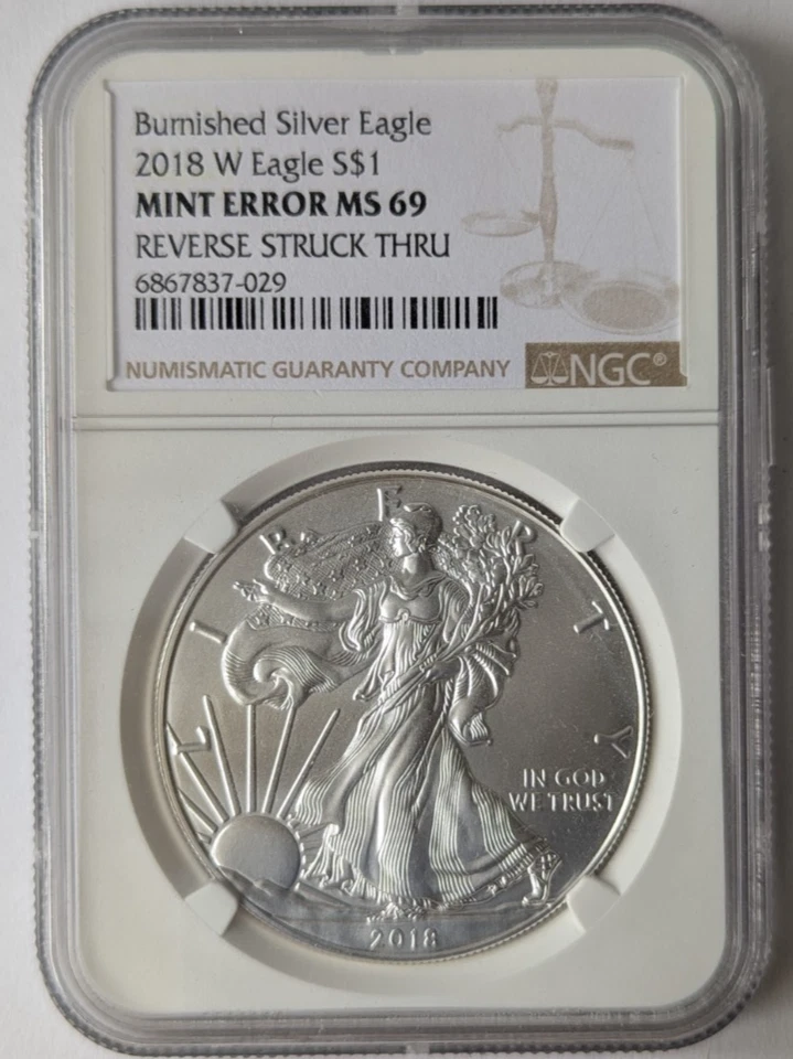 2018 W Burnished Silver Eagle $1 NGC MS 69 MINT ERROR Reverse Struck Thru - Image 2 of 3