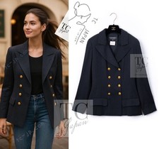 CHANEL 96A Vintage Charcoal Gray Wool 100 Gold CC Logo Buttons Jacket 38 40