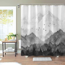 Watercolor Mountain Forest Shower Curtain Nature Misty Tree Art 12 Hooks 72x72
