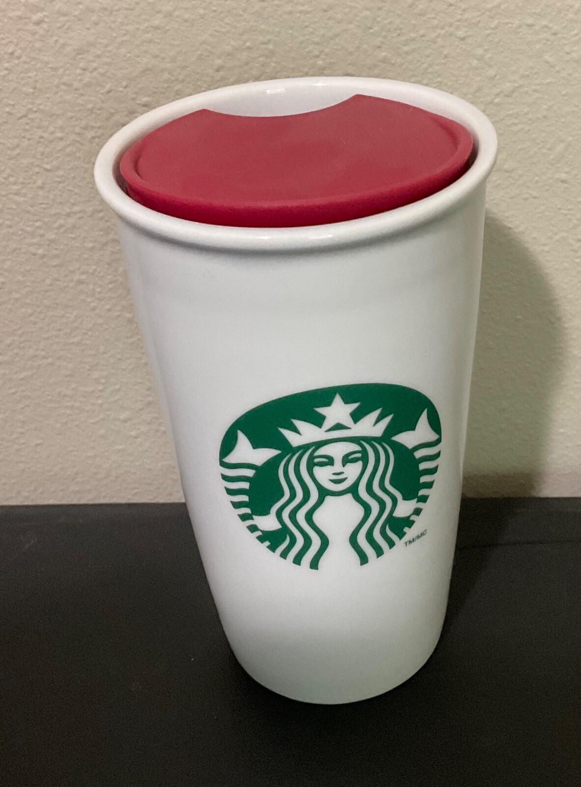 Starbucks Siren Coffee White Red Ceramic Tall Travel Mug Cup Lid 12oz