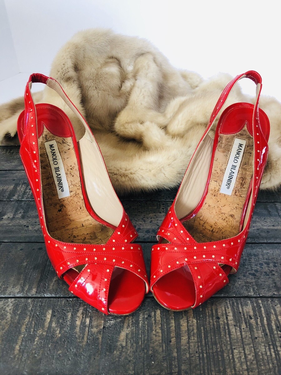 MANOLO BLAHNIK Peep Toe Pump 4” Heels Red Patent 38 1/2