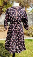 VTG Floral Petite Flowy Small Long Sleeve Button Cinched Waist Midi Dress EUC