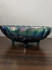 Vintage Indiana Carnival Glass Blue Iridescent Harvest Grape Footed Fruit Bowl