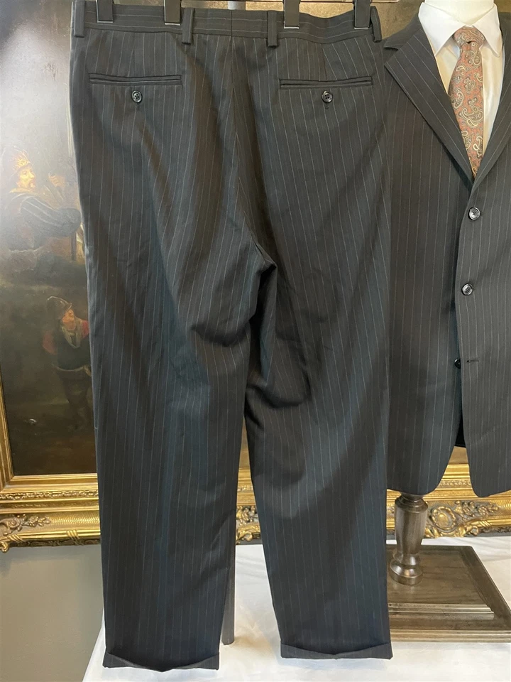 Van Heusen 44L 34 x 32 2Pc Black Pinstriped 3 Button Pleated & Cuffed Pants Suit - Image 2 of 4