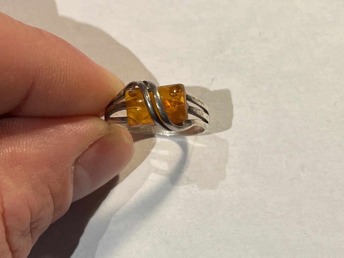 Bague En Argent Et Ambre – Taille 54, Occasion, Bijou Vintage Sans Marque