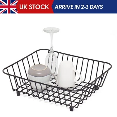 Kitchen Sink Basket Dish Drainer Black Plastic Coated Steel Countertop Mount