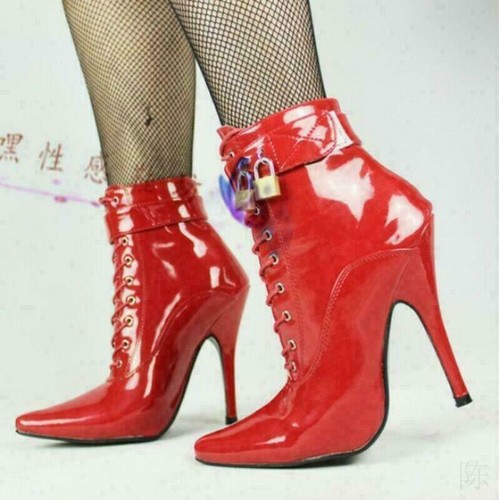 Women Ankle High Locking Sissy Maid Shoe Ballet Boots Sexy 36-46 12cm Heels @HA - Picture 3 of 17