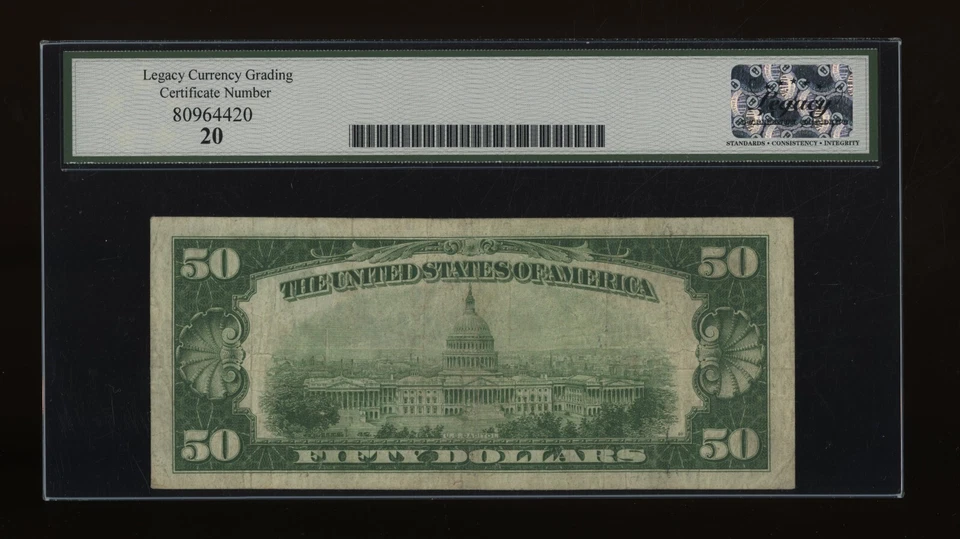 DBR 1928-A $50 DGS FRN Philadelphia Fr. 2101-Cdgs Legacy VF-20 Serial C00894469A - Image 2 of 2