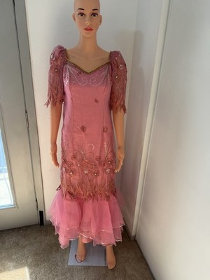 Vintage Pink Beaded Floral Dress XS Formal Romantic Ruffle He