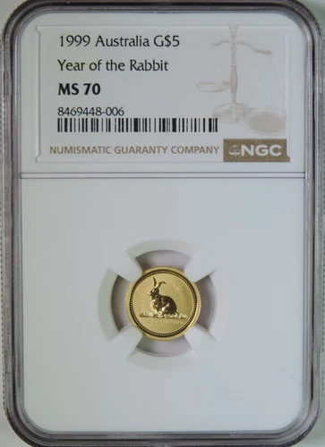 1999 Australia Lunar Series Year of The Rabbit 1/20oz Gold $5 Coin NGC MS70