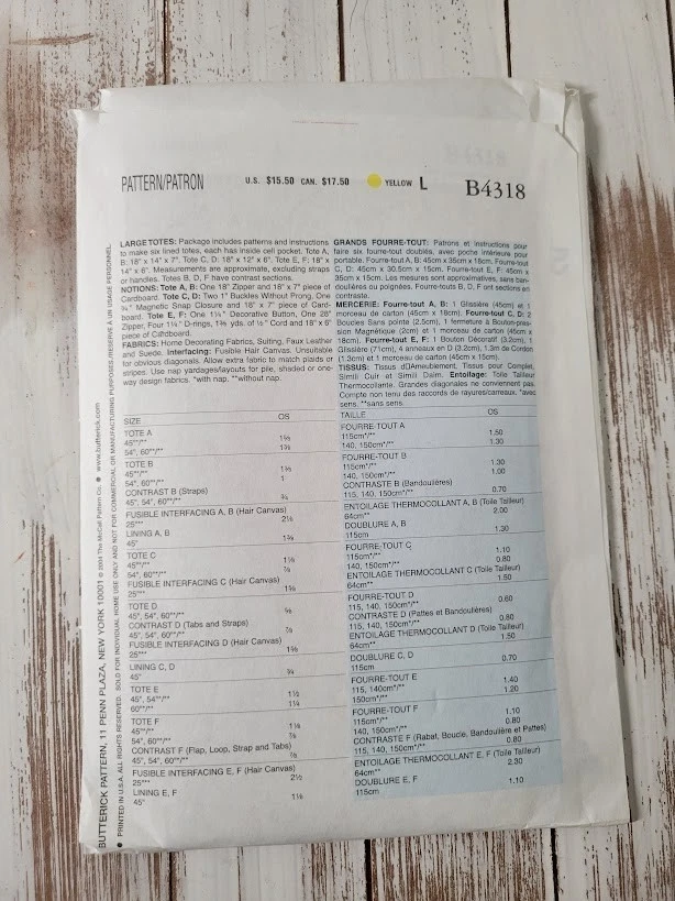 Bolso de mano Butterick B4318 patrón de costura talla única sin cortar hágalo usted mismo Foto 2 de 3