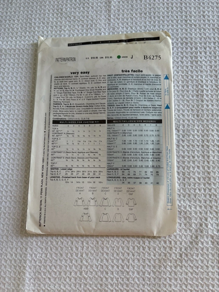 Shirt Top Girls Sizes 2 3 4 5 Butterick B4275 Sewing Pattern UNCUT Fast & Easy - Image 2 of 3