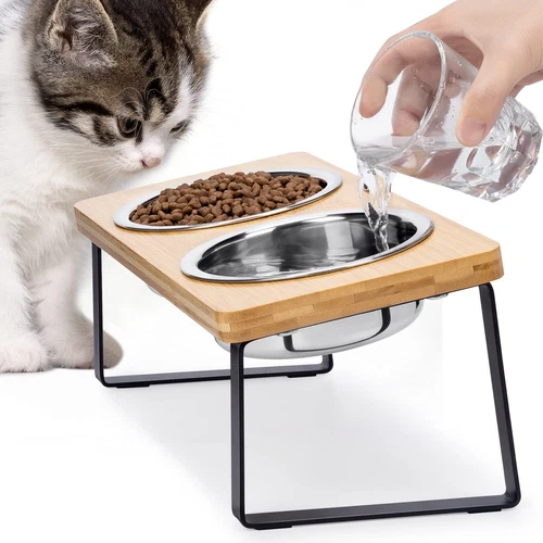 Double Raised Pet Bowl on Stand Elevated Cat Dog Food Bowl Metal Wooden Stand - Picture 1 of 9