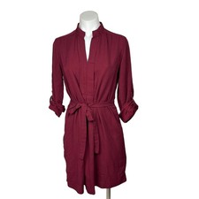 Studio M Red Half Sleeve Tie Belt Mandarin Monk Collar Shirt Knee Length Dress S