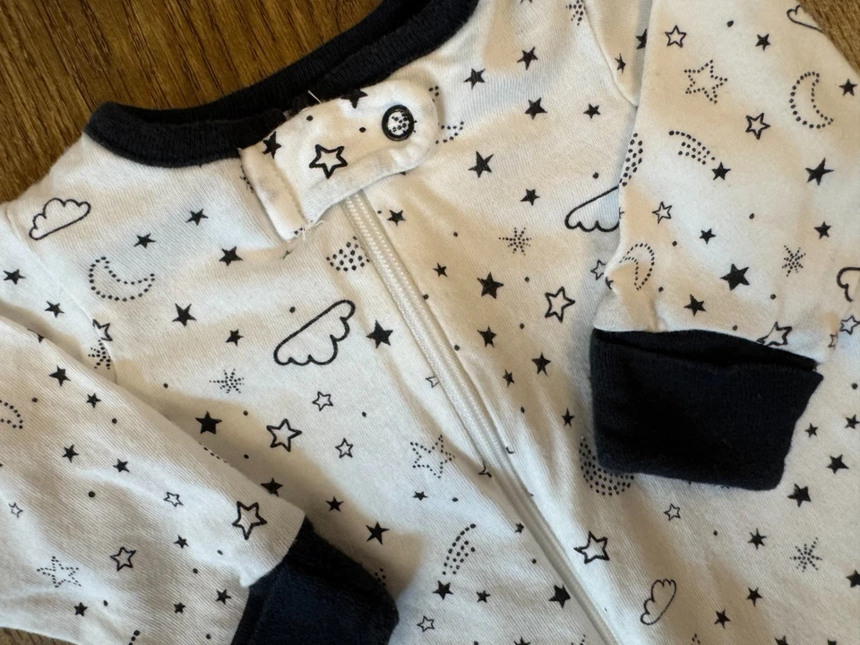 Preemie Baby Boy Girl Unisex Sleeper Moon Stars Black White Zipper Outfit Romper - Image 3 of 4
