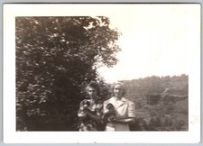 Vtg B&W Snapshot Two Women Girls Holding Puppies Dogs Pets Outdoors Trees 1940s