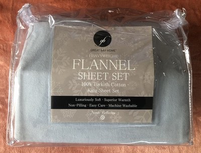 FLAT KING SHEET ONLY Great Bay Home Flannel Pearl Blue 100% Turkish Cotton NEW