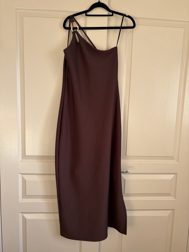 Bamboo Blonde Brown Ribbed Knit Midi Slip Dress Side Slit Ring Strap Large AU12