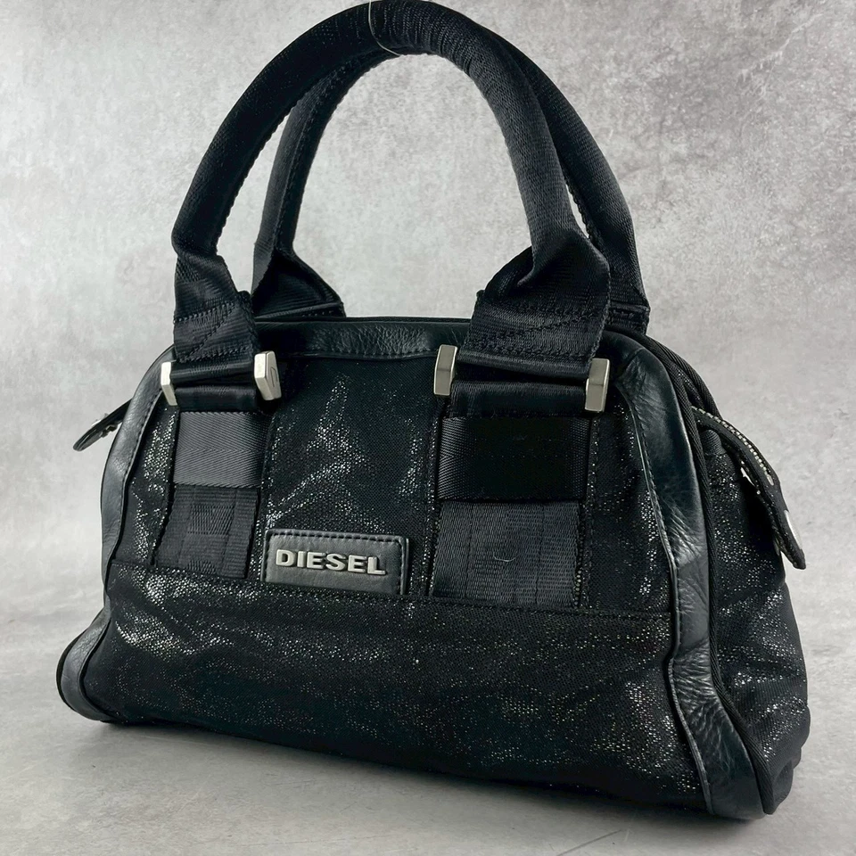 Mini sac Boston noir DIESEL toile enduite pailletée cuir Y2K Italie vintage - Photo 1/4