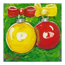 Christmas Balls on the Tree Original Oil Painting Handmade Mini Wall Art 4x4
