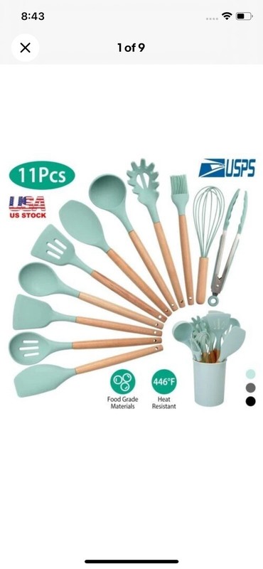 11-Piece Silicone Cooking Utensil Set w/ Holder, Wood Handles, Green 446°F