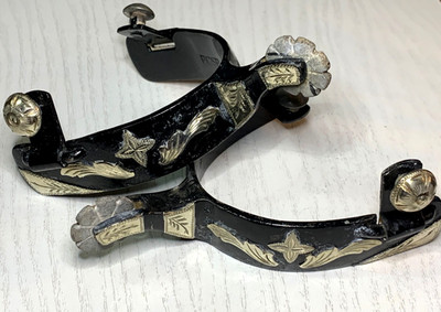 Professional's Choice Western Cowboy Spurs PCSP-504 Engraved Silver Black Steel