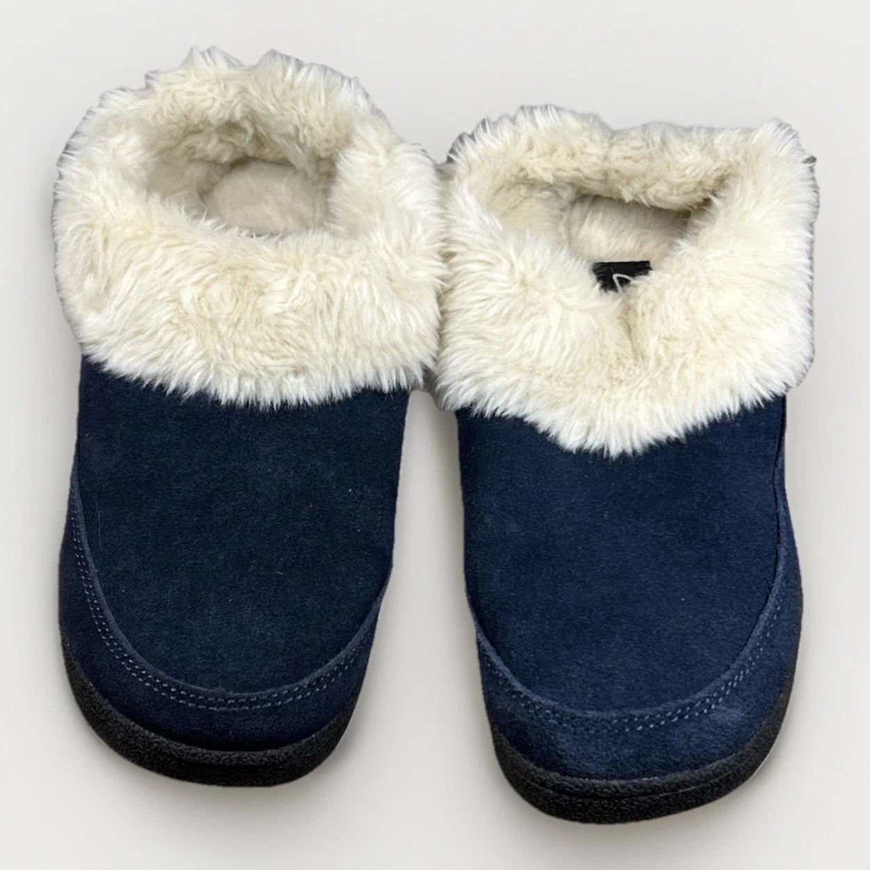 Zoccolo Clarks Scuff blu navy foderato in pelliccia sintetica moda slip on caldo accogliente taglia 7.