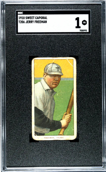 1909 T206 JERRY FREEMAN POOR SWEET CAPORAL 350 BACK STAMP SGC 1 TOLEDO MUD HENS