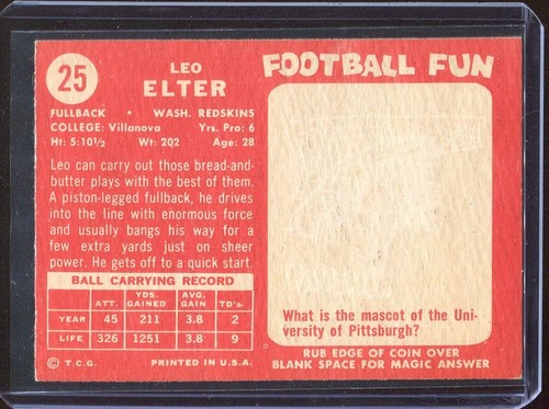 1958 Topps Football # 25 Leo Elter (NM+) Near Mint Plus - Picture 2 of 2
