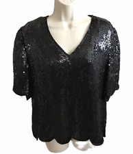 Vintage 80's Megere India Beaded Sequin Silk Top V-Neck Cruise Evening Formal L