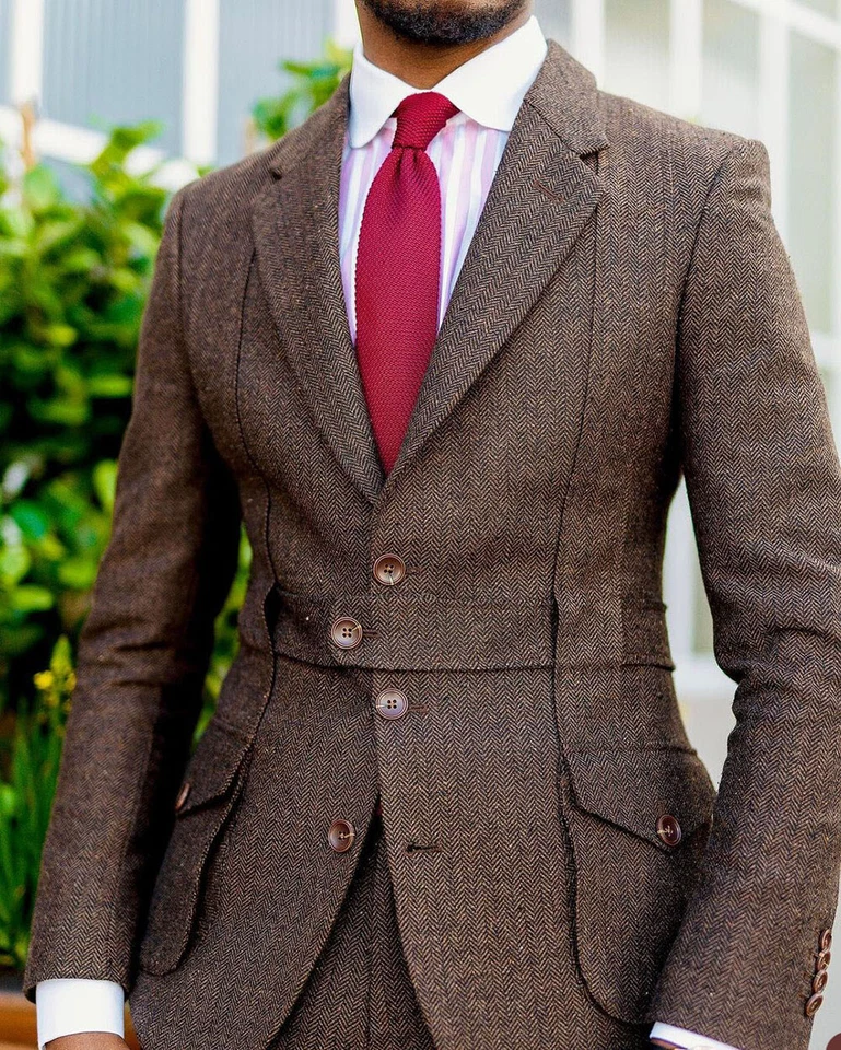 Men's Tweed Safari Jackets Herringbone Causal Vintage Coat With Belt Formal Suit - Image 2 of 4