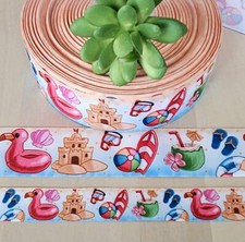 7/8  1.5" 1YD Beach Grosgrain Ribbon Sand Castle Flip Flops Flamingo Tropical
