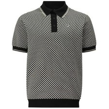 Mens Merc London Retro Formal Fine Check Knitted Polo Shirt Waldo - Black