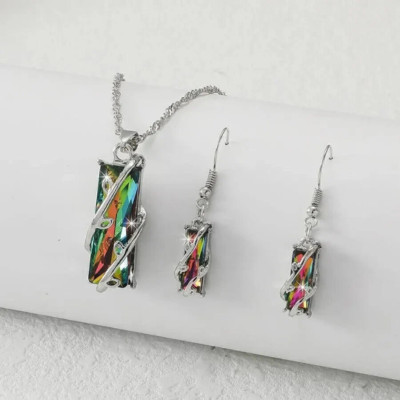 Silver Zirconia Rectangle Necklace Drop Earring Set-Silver Necklace Earring Set