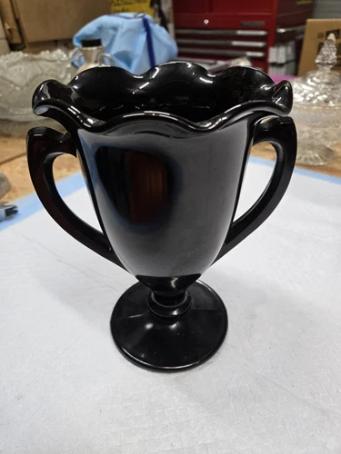 Art Deco Black Amethyst Vase L E Smith Depression Glass Scalloped Rim --2b
