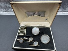 Vintage Anson Gold Tone Mother Of Pearl Tuxedo Cufflinks Shirt Pins In Box