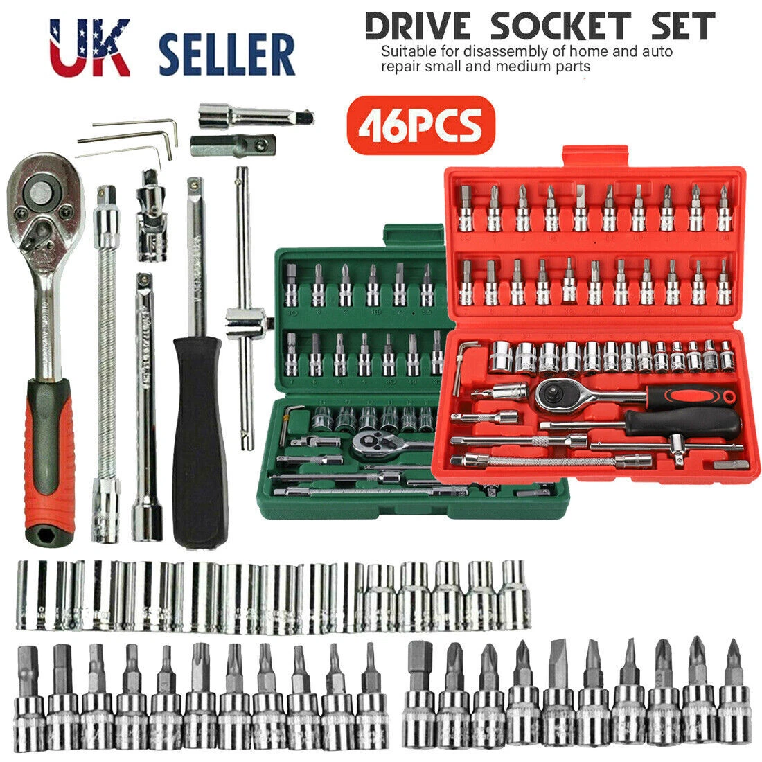 46pcs Spanner Socket Ratchet Wrench Set 1/4 Drive Car Repair Tool Kit  Green/Red