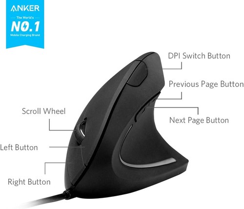 Anker Ergonomic Optical USB Wired Vertical Mouse 1000/1600 DPI, 5 Buttons CE100 - Picture 2 of 4