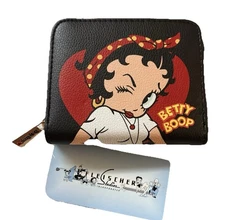 Betty Boop Wink Wristlet Zip Around Card/Cash Black Mini Wallet SLVL018